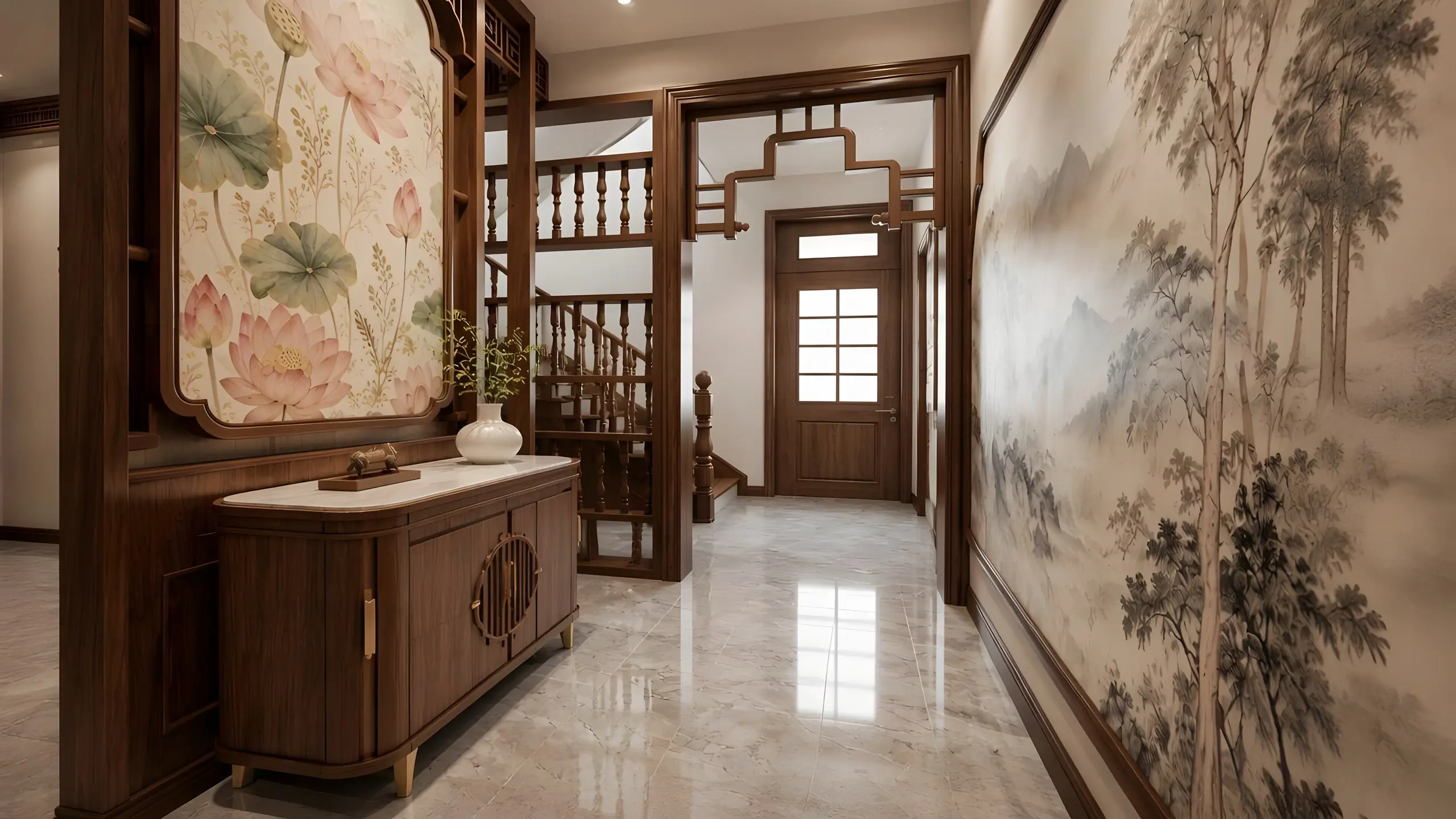 Hành lang hai bên là vách tranh lụa sen và tranh tre, cuối hành lang là cửa gỗ