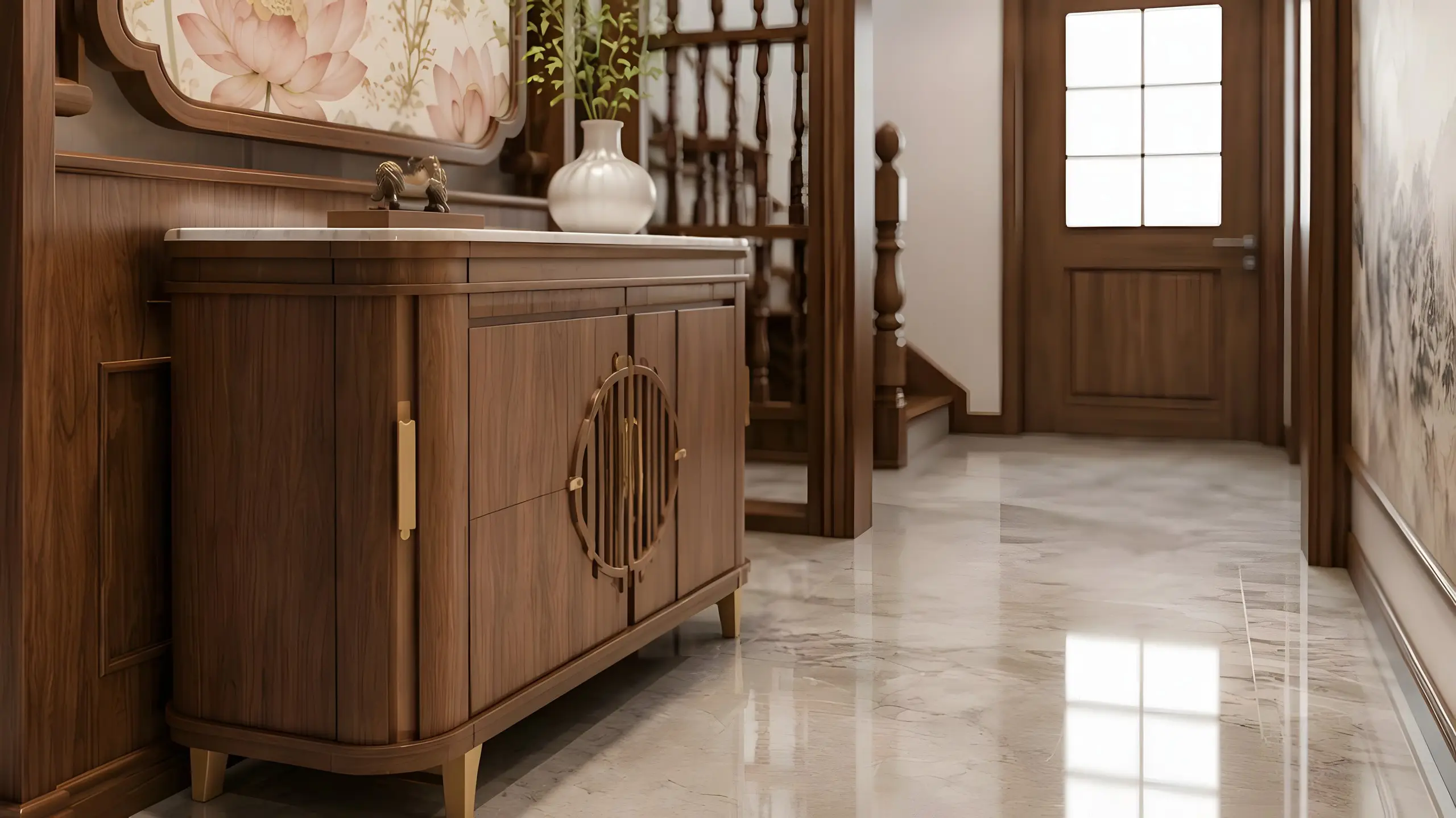Tủ gỗ cánh tròn chân cong đặt dưới vách tranh sen
