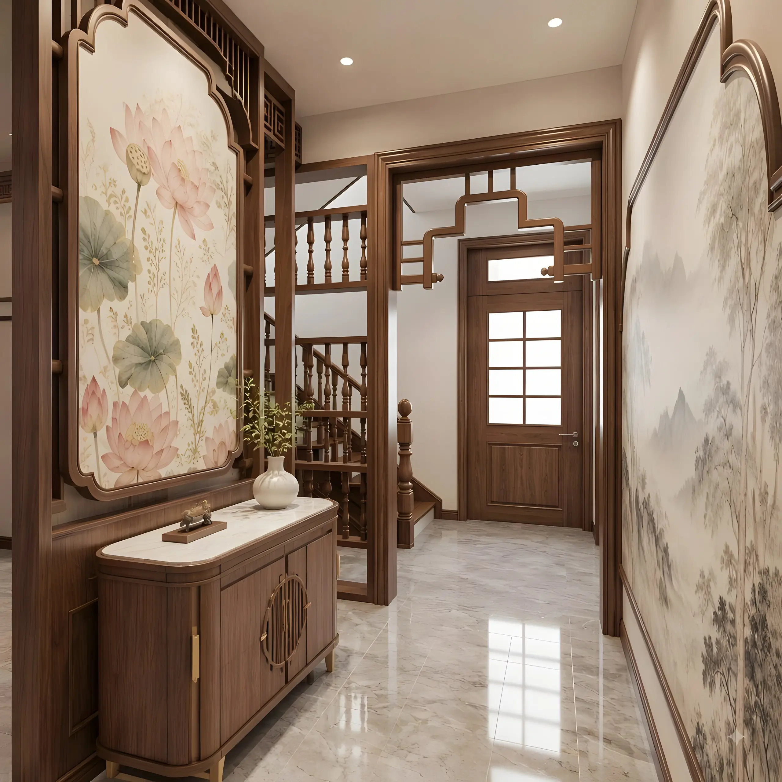 Hành lang với tủ gỗ mặt đá và vách tranh sen khung gỗ