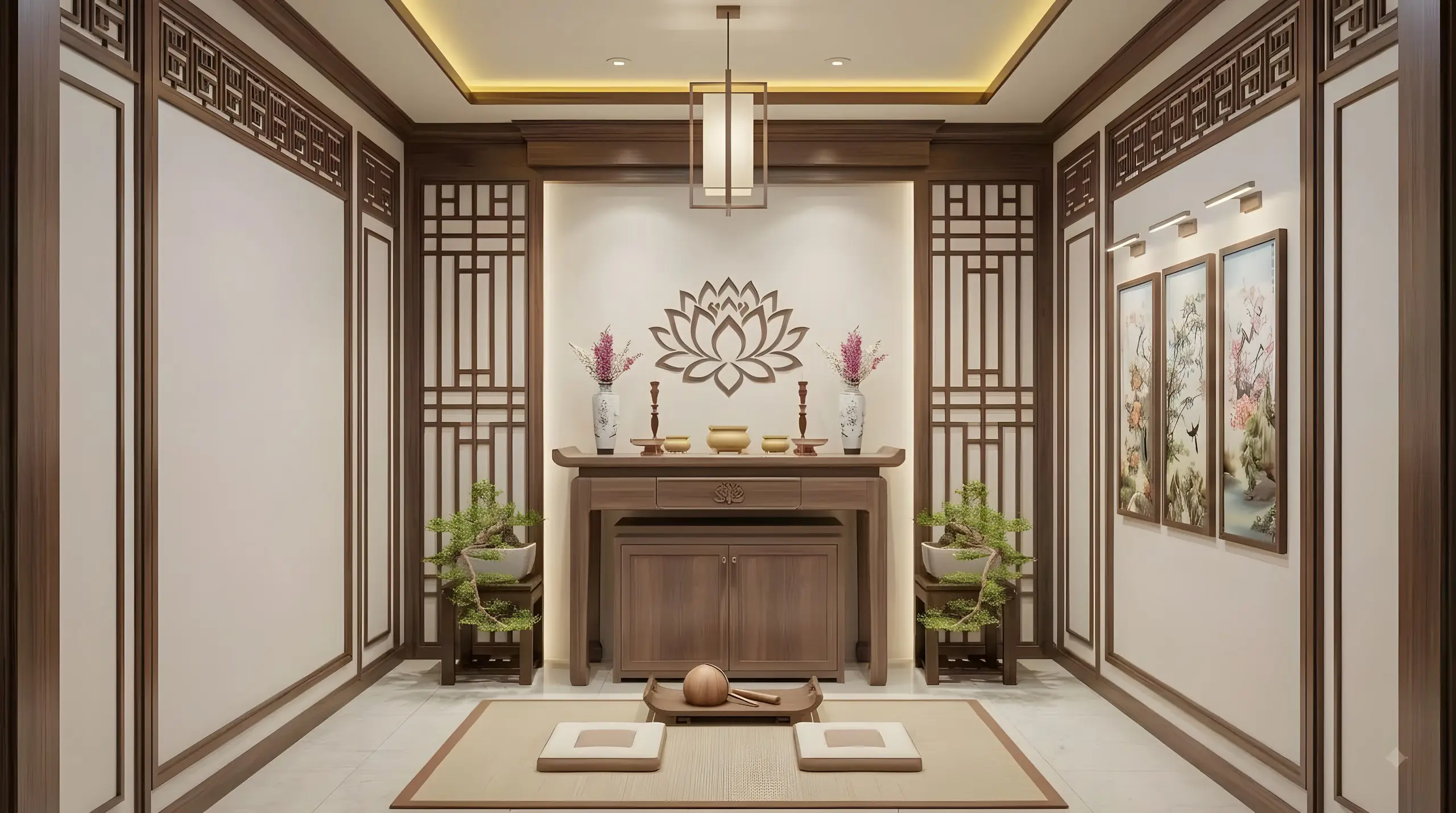 Phòng thờ với vách song gỗ hai bên ban thờ và đèn lồng gỗ