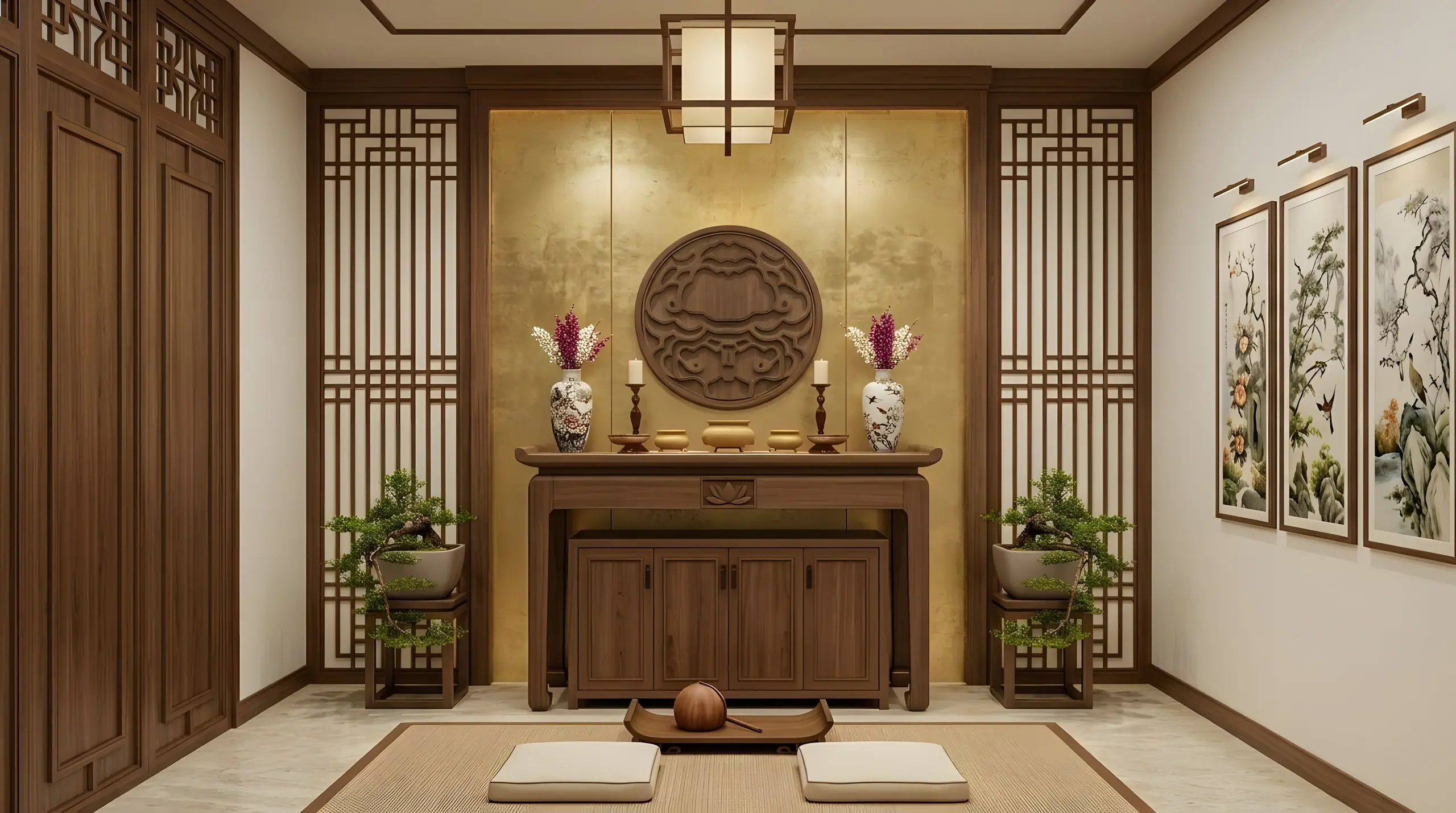 Ban thờ gỗ, phía sau là đĩa gỗ chạm và hai chậu bonsai