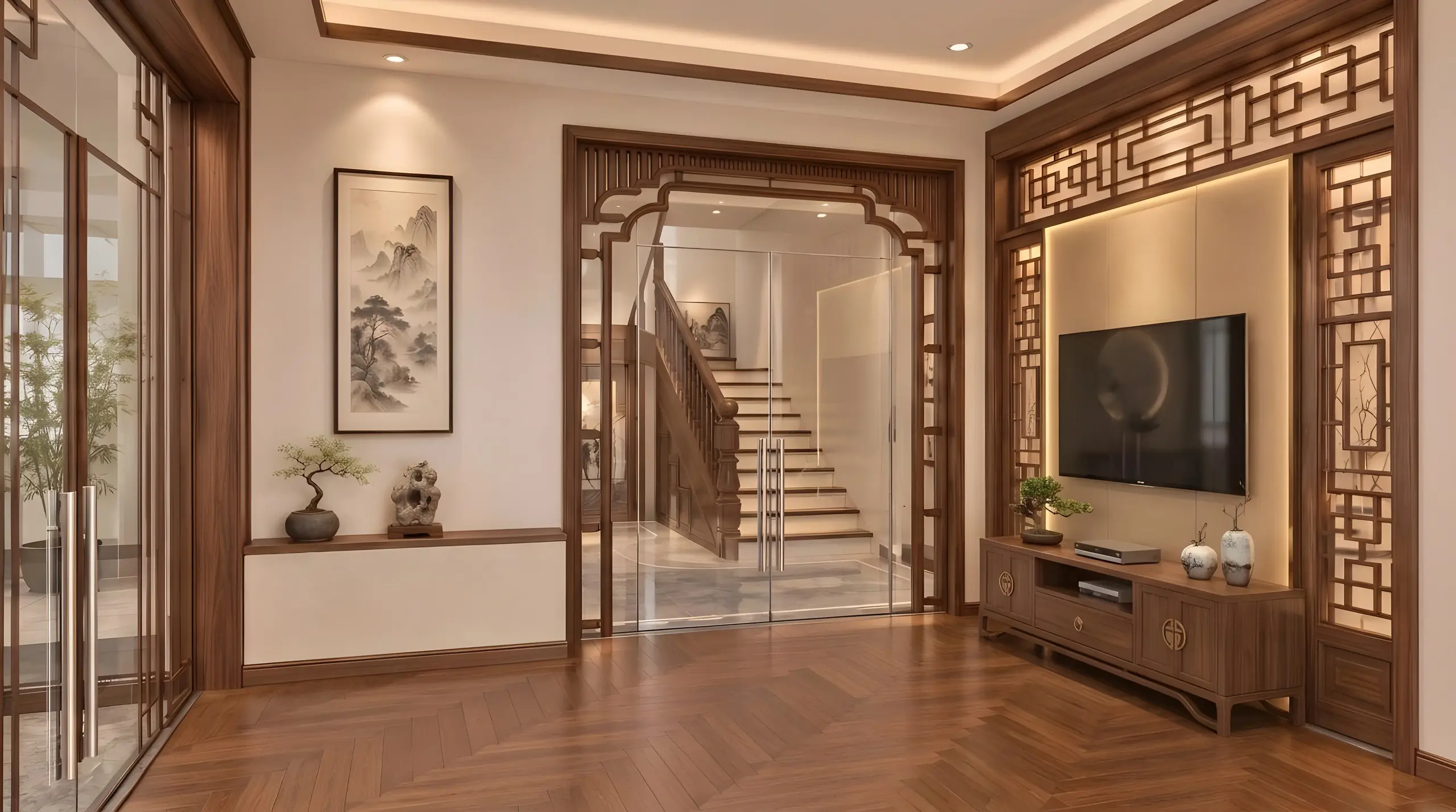 Góc phòng khách nhìn ra cầu thang qua cửa kính khung gỗ
